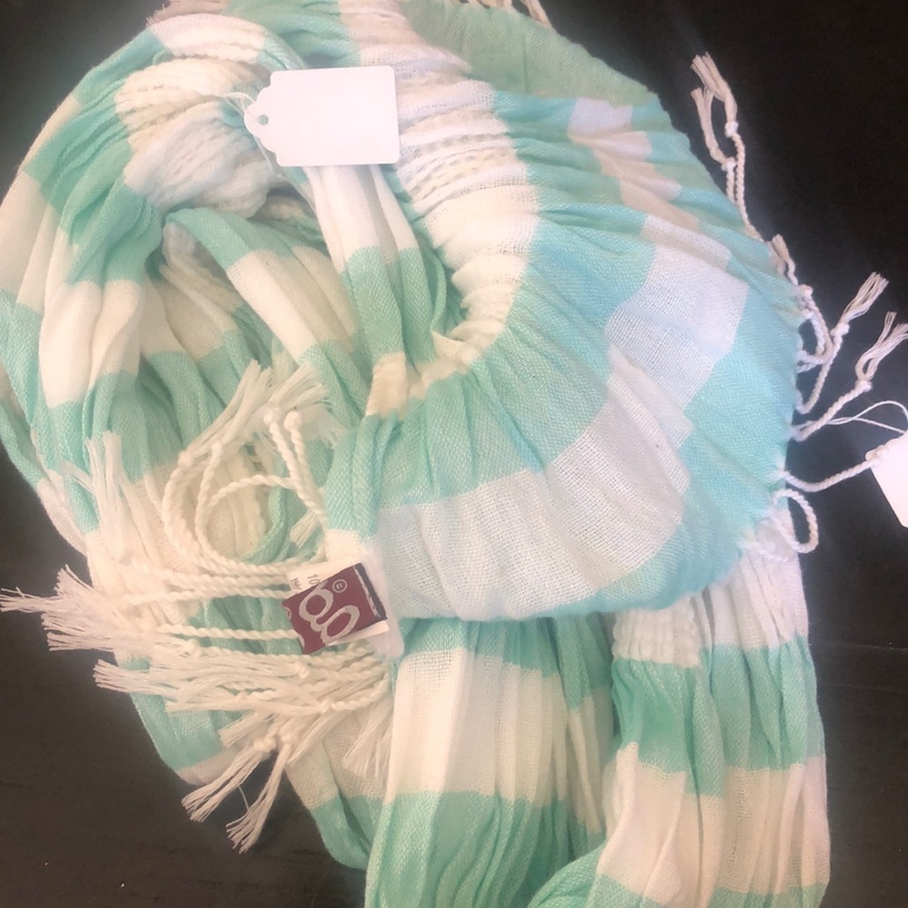 Gg green and white stripe cotton fringe scarf